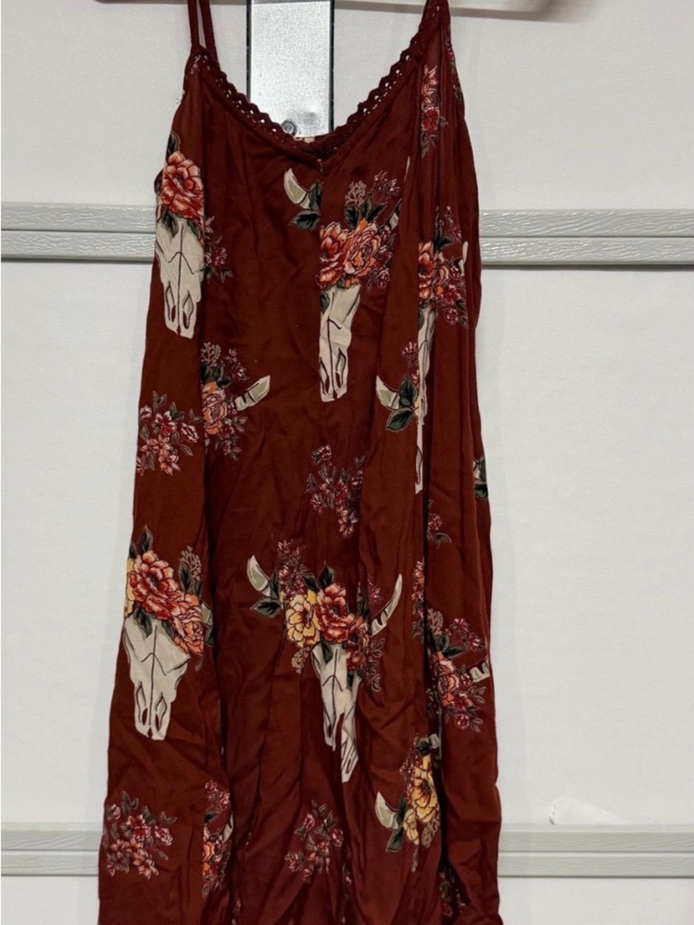 Rust Floral Cow Skull Midi Dress with Spaghetti Straps. By Angies. Size Large - Picture 3 of 3